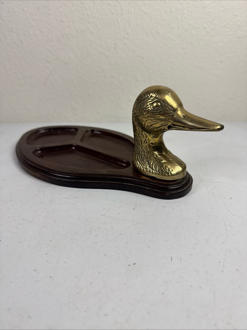 Vintage Solid Brass Duck Head & Wood Men’s Valet Tray Desk Dresser Entry
